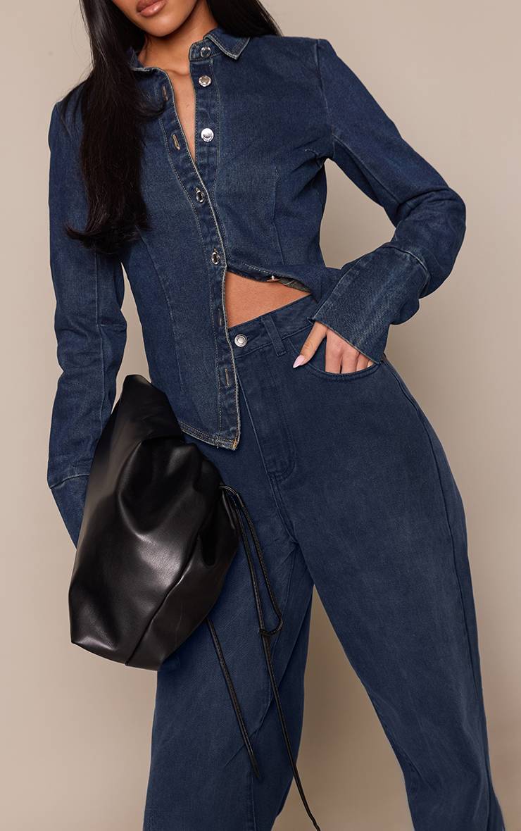 Bleu Indigo Foncé Veste En Jean Cintrée À Manches Longues Pour Grande Taille