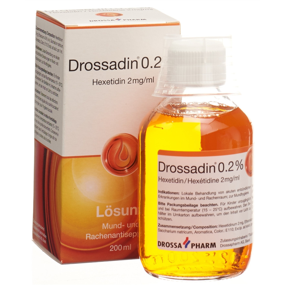 DROSSADIN Lös 0.2 % orange Fl 200 ml<br>200 ml, Flasche, Lösung zur Anwendung in der Mundhöhle, orange