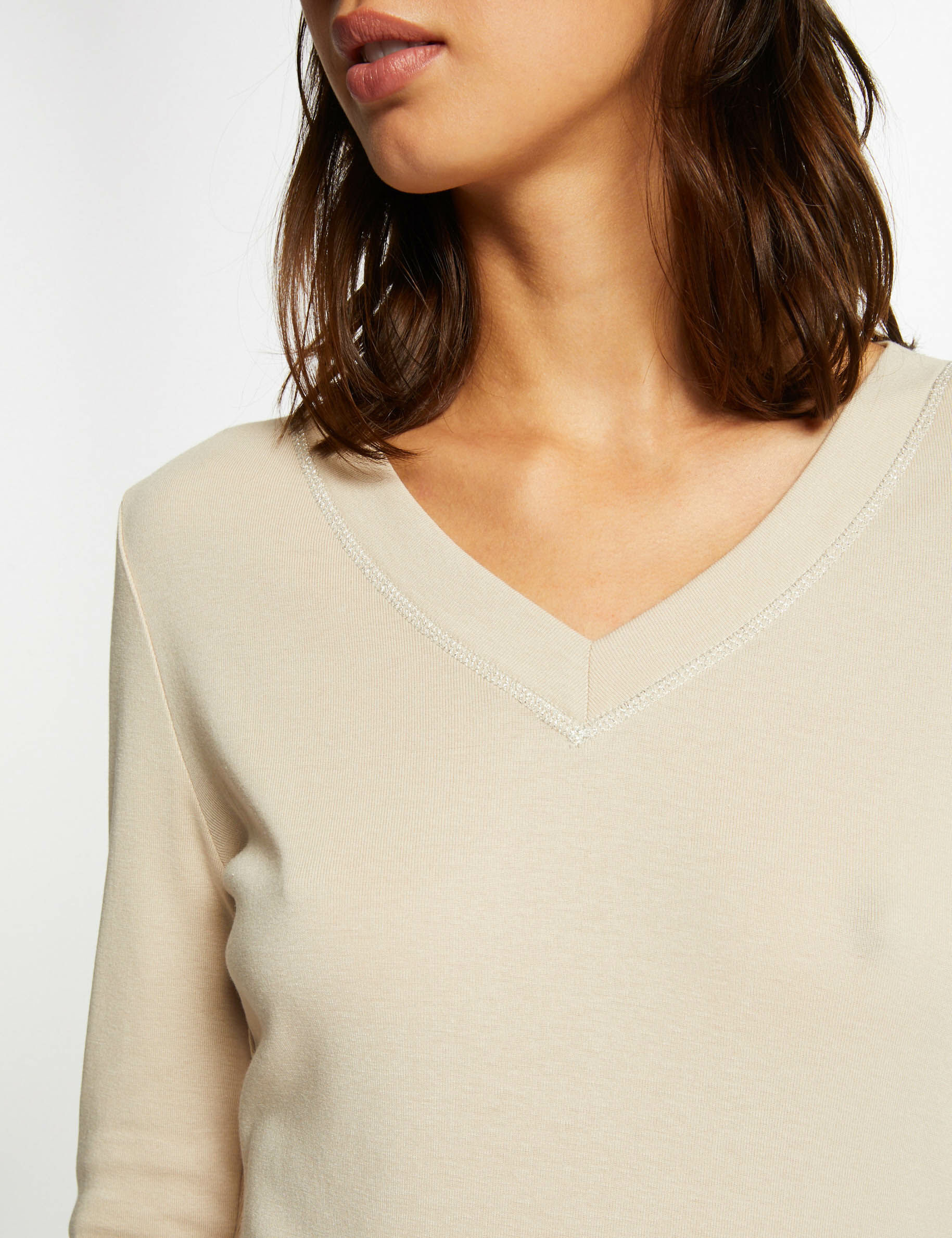 T-shirt manches longues avec col en V mastic femme - mastic