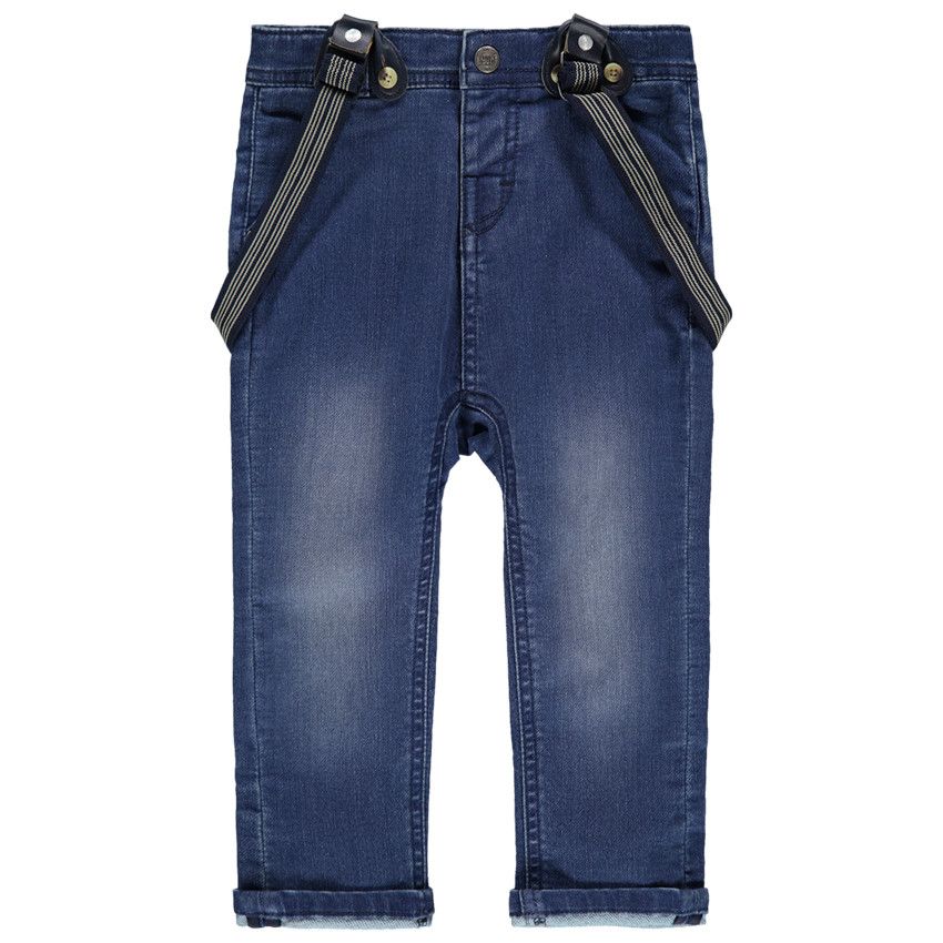 Jean effet used à bretelles amovibles - Bleu moyen