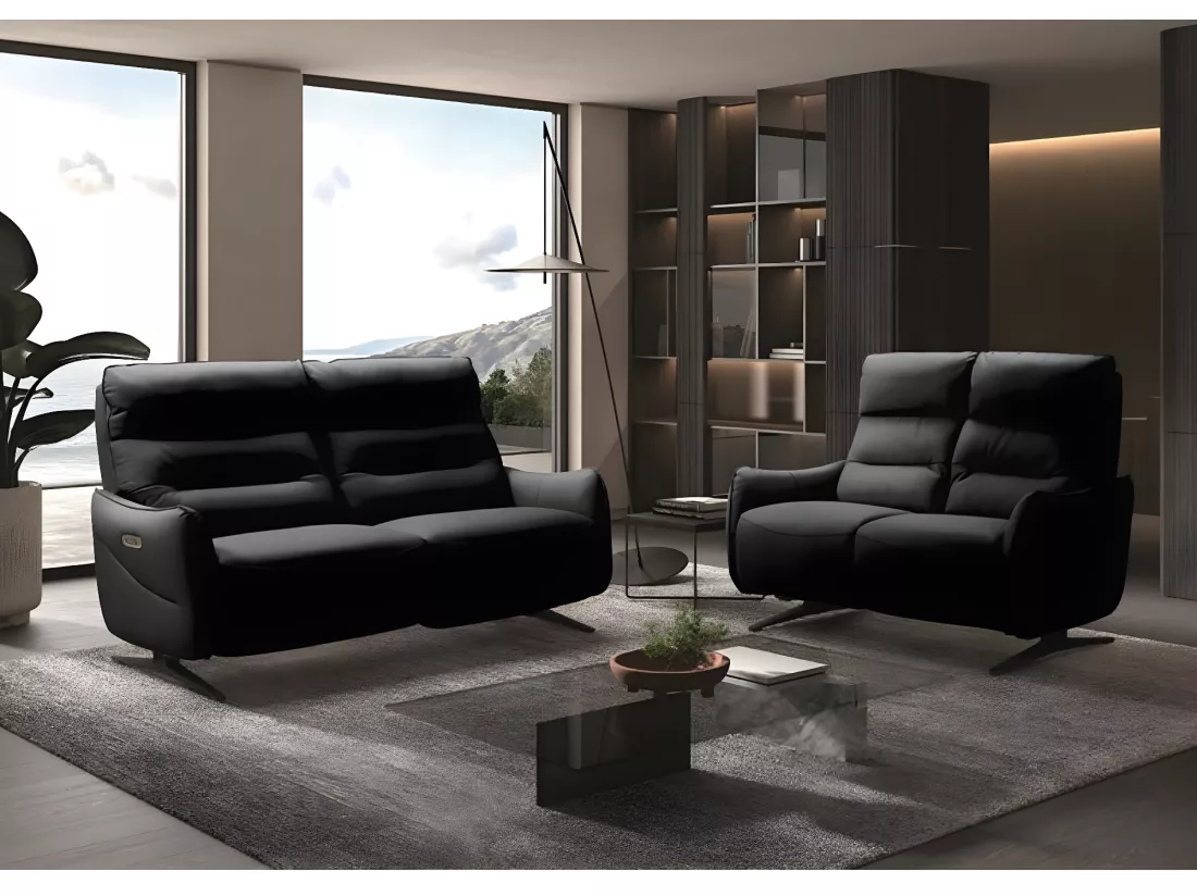 Canapé de relaxation en cuir Kondonia-Couleur Noir-Système Fixe - sans relax-2 places