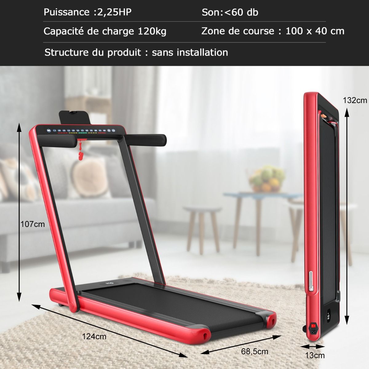 Tapis de Course Pliable 0,75HP Double Affichage LED APP et Télécommande Vitesse Motorisé 12 km/h Surface 40x100cm Rouge - Lidl-Manfred