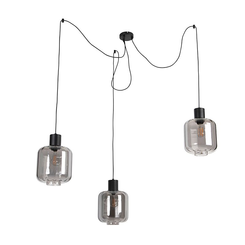 Design hanglamp zwart met smoke glas 3-lichts 226 cm - Qara