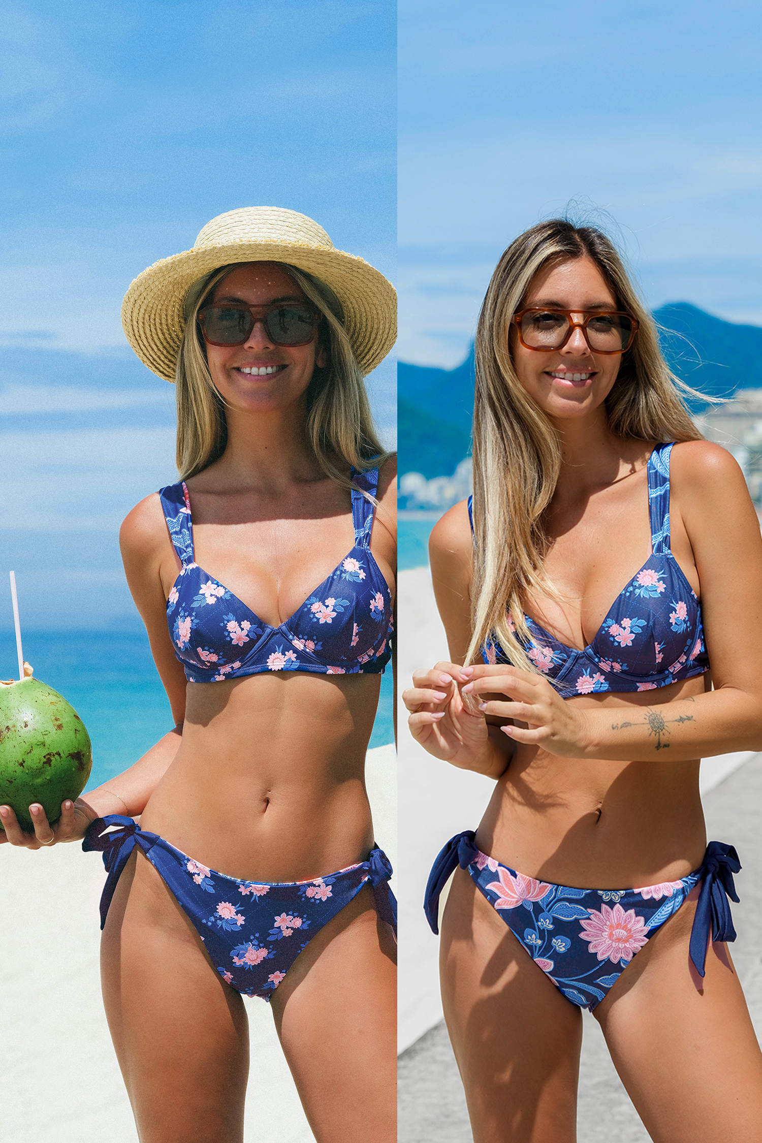 Bikini taille basse avec armatures et fleurs à nouer au dos