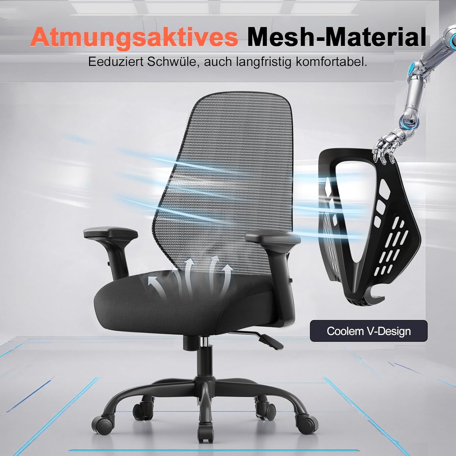 COMHOMA Ergonomischer Bürostuhl Schreibtischstuhl mit Verstellbaren Armlehnen, Gamingstuhl atmungsaktives Mesh, V-förmige Rückenlehne, Wippfunktion, Hochdichter Schaumstoffsitz, Schwarz