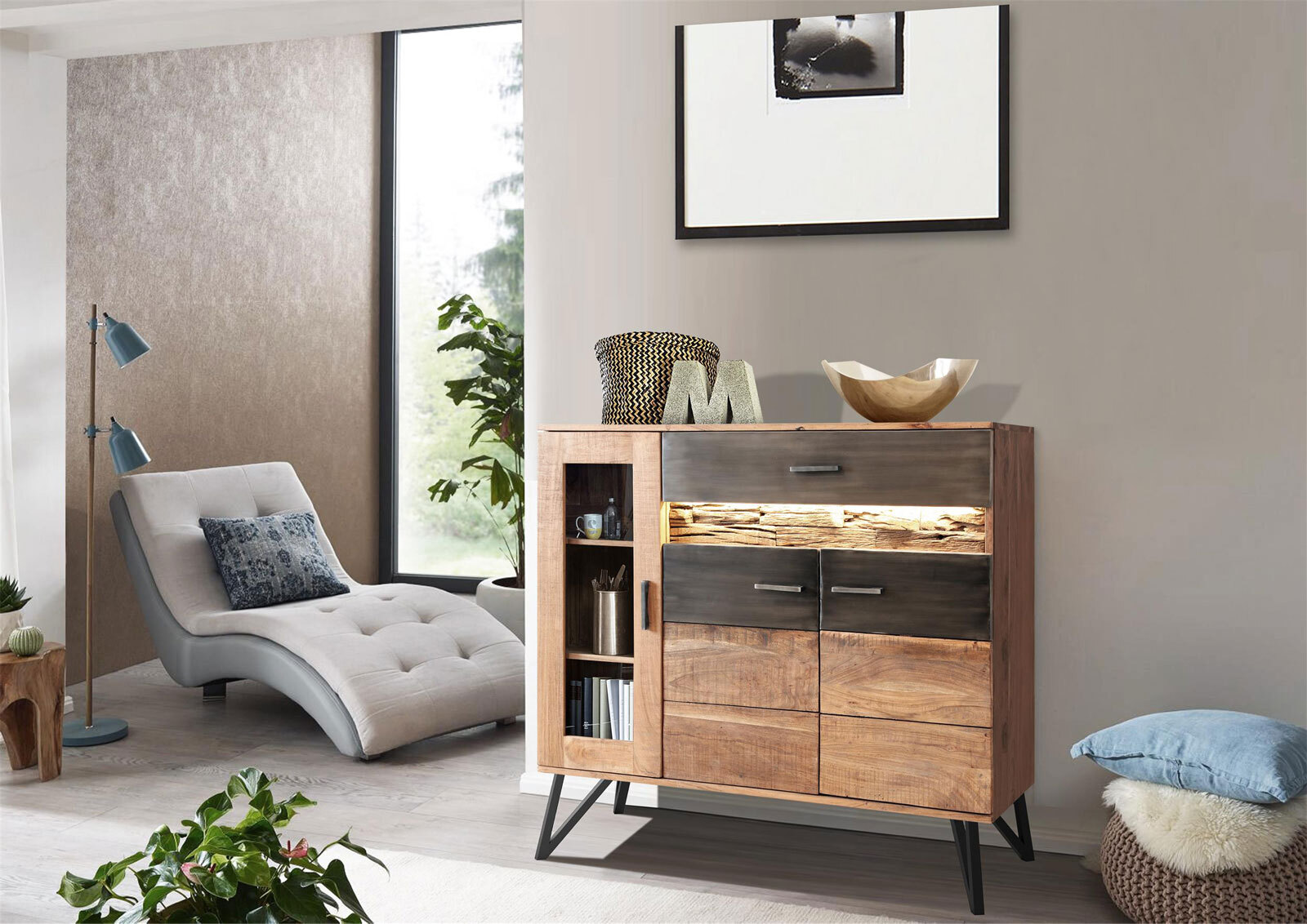 Highboard Hawk 118 x 108 x 40 cm Akazienholz/schwarz