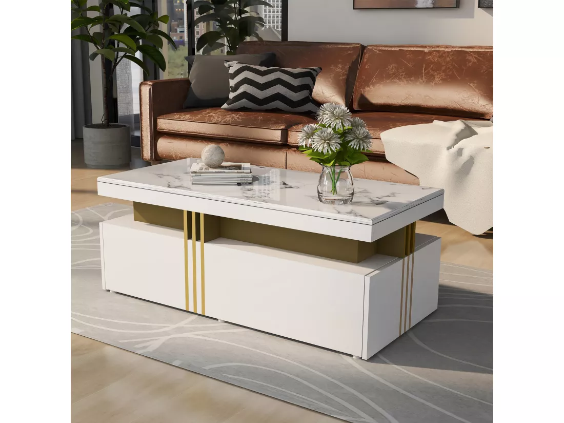 Table basse rectangulaire moderne avec plateau brillant avec 2 tiroirs en bois, plateau marbré, pour salon, 100x50x40 cm, blanc