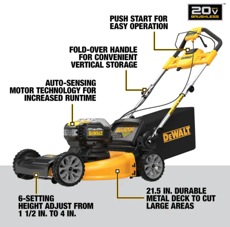 Cortador de grama autopropelido DEWALT de 21,5 polegadas com bateria de íon de lítio de 20 volts MAX.