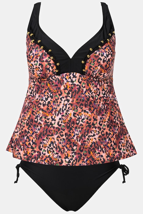 Tankini, Leomuster, Perlen, Softcups, längeres Oberteil