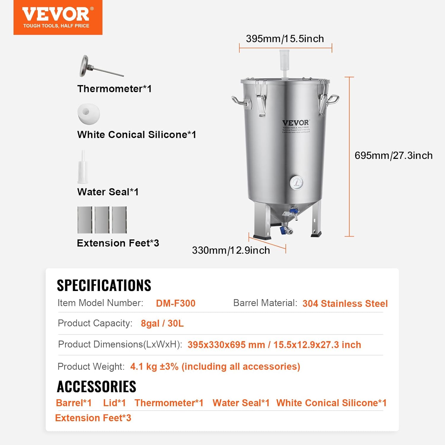 VEVOR Bierbrauanlage Bierbraugerät Edelstahl 30 L Bierfermenter, Braueimer-Fermenter zum Brauen, Heimbrauzubehör mit Sockel, Kessel-Suppentopf inkl. Deckel, Griff, Ventil, Zapfhahn