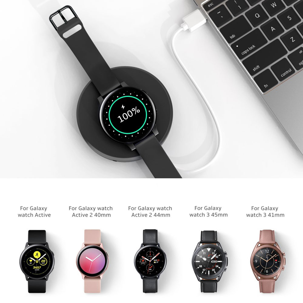 Samsung Galaxy Watch 3 / Watch Active 2 / Watch Active Qi-Wireless Charger USB Ladegerät mit integriertem Ladekabel - Schwarz