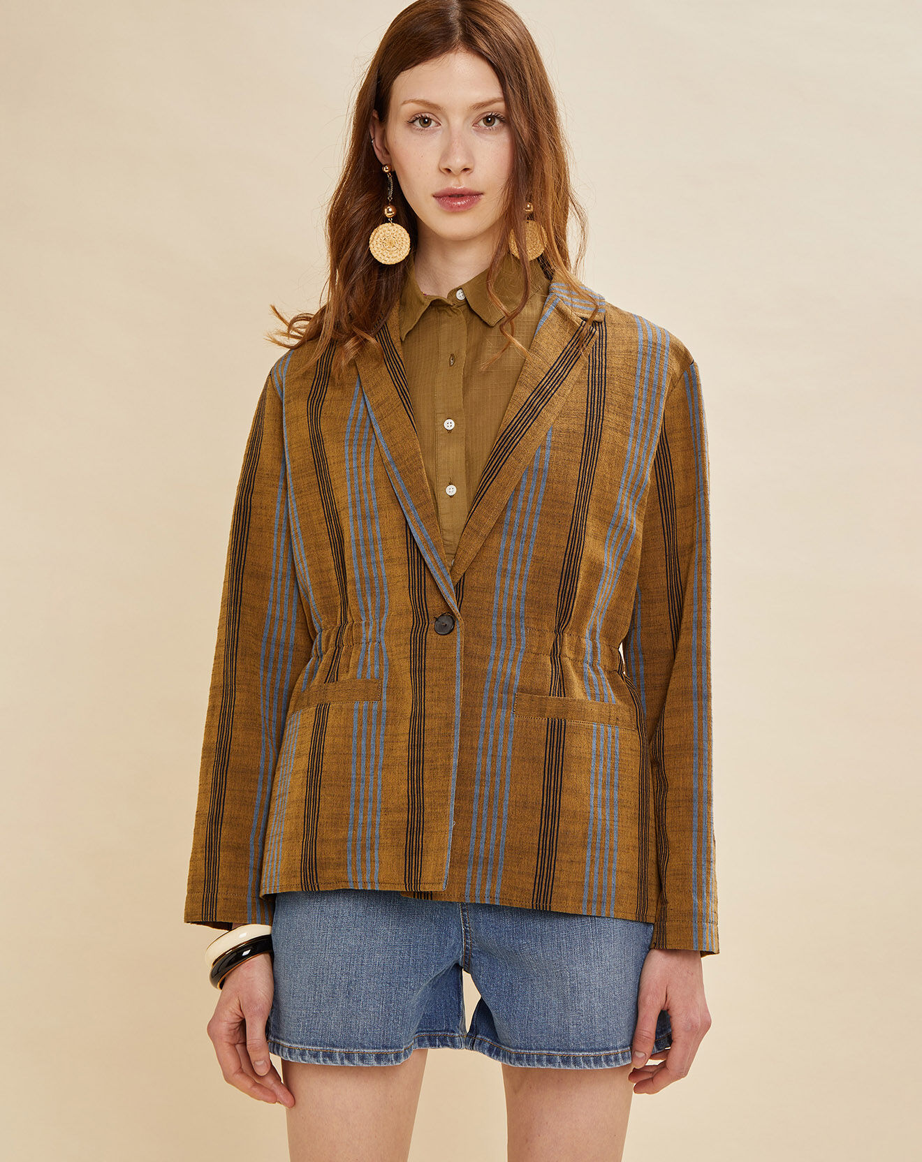 Chloé Stora Veste en Coton & Lin Uma à rayures ocre foncé