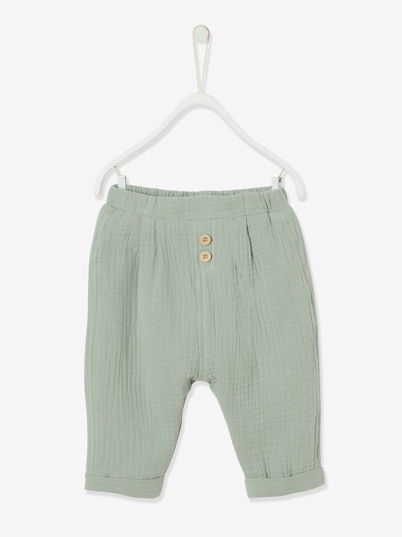 Calças harém lisas em chiffon de algodão verde claro