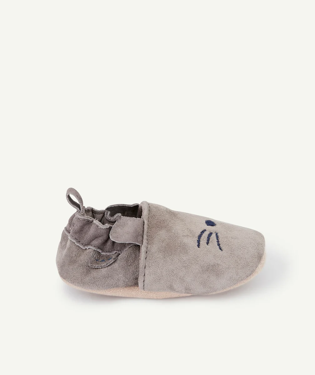 CHAUSSONS EN CUIR BÉBÉ GARÇON GRIS AVEC MOTIF CHAT