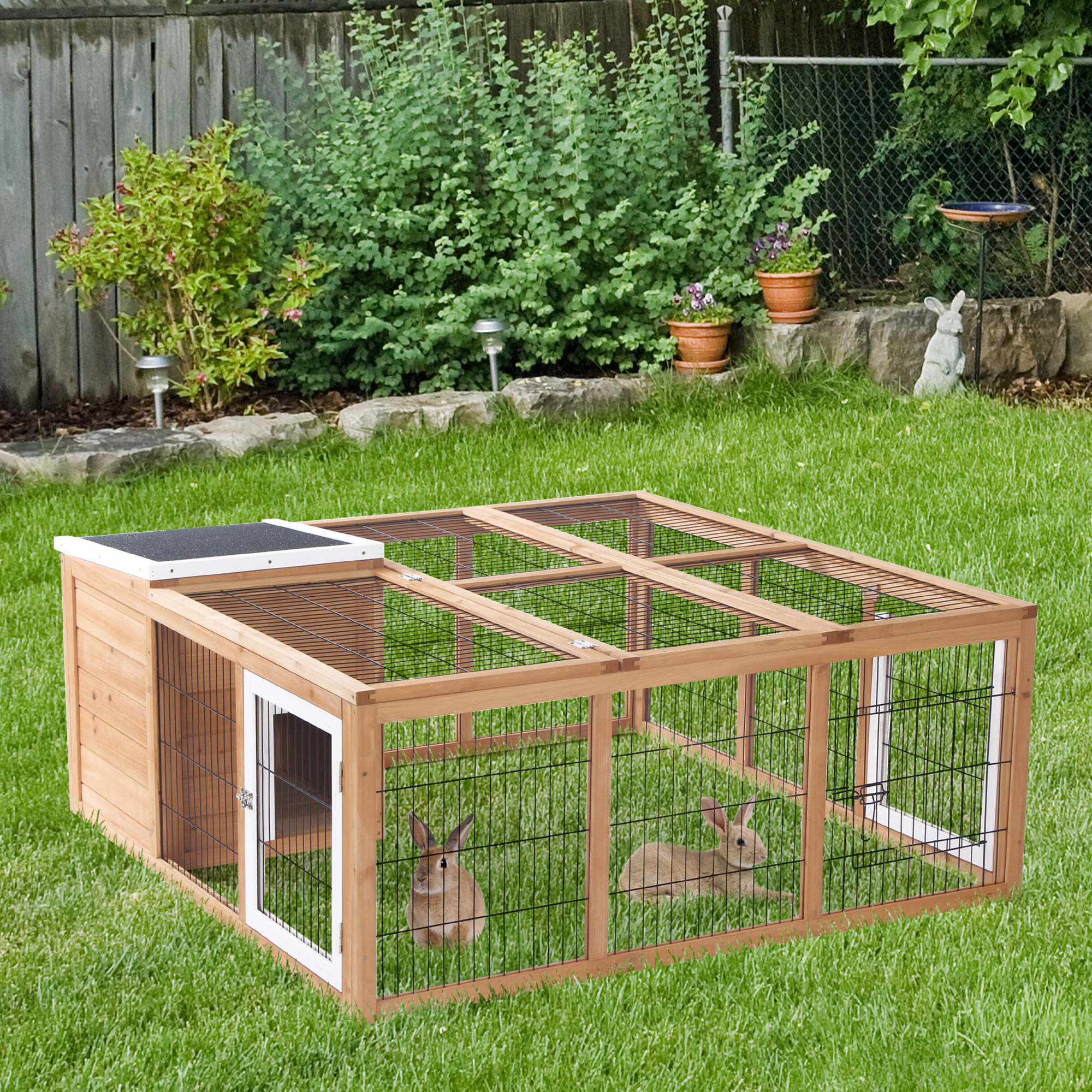 PawHut Kleintierkäfig mit Häuschen und Auslauf natur 123 x 120 x 52 cm (LxBxH)