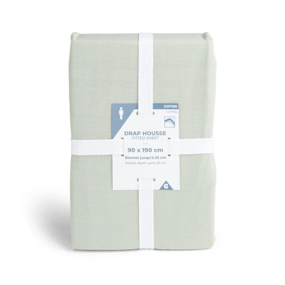 Drap housse 90x190cm 100% coton vert céladon