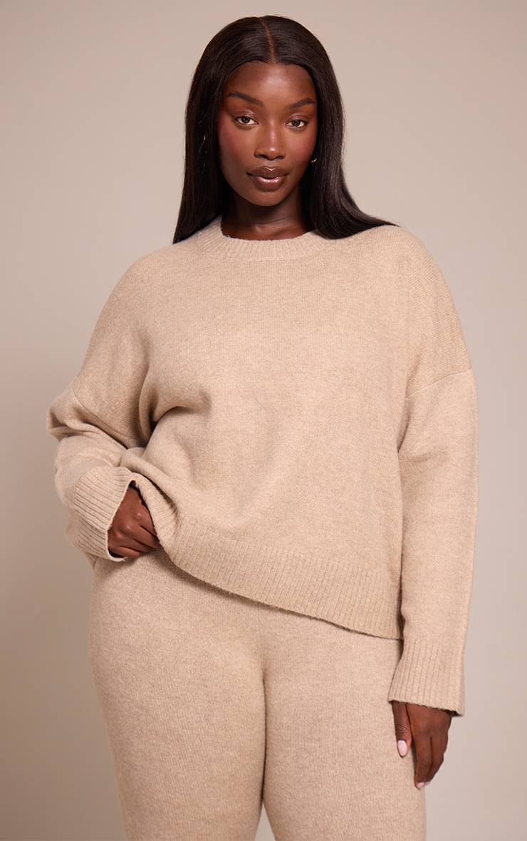 Taupe Synthétiquell Court Col Rond En Maille Chinée Plus