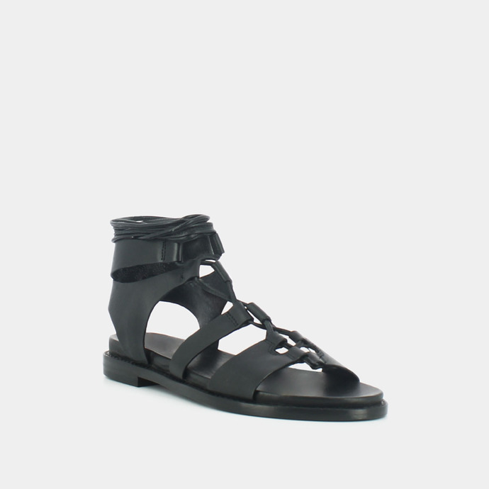 Sandales à empiècements et lacets  en cuir noir