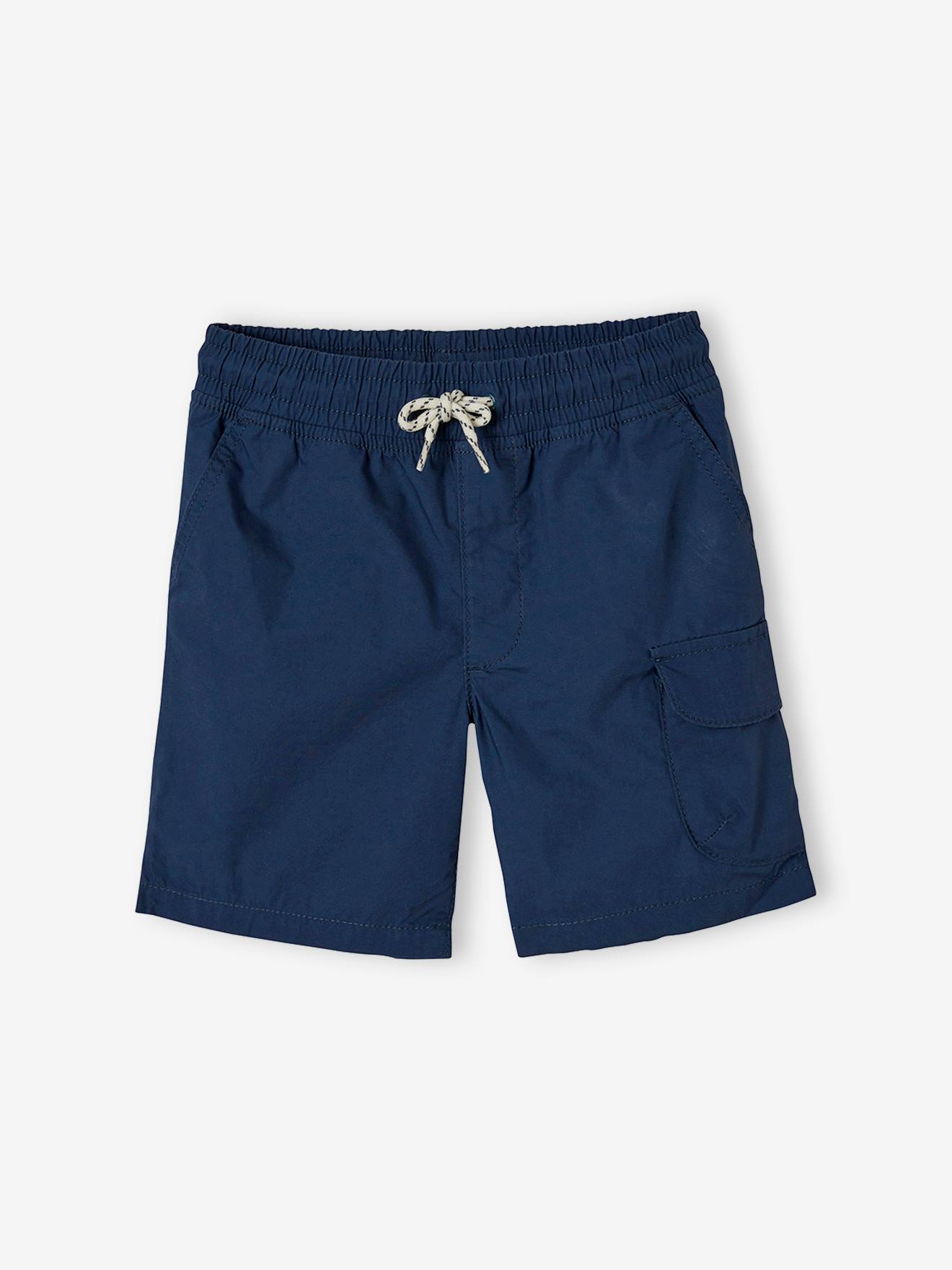 Bermudas fáceis de vestir para meninos, lisas em azul escuro com estampas.