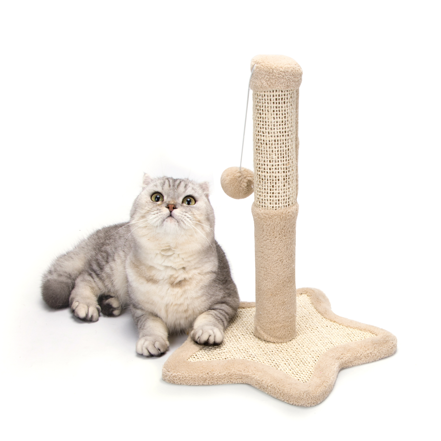 Arranhador para Gatos Nobleza em Sisal Natural com Bola, 33,5 x 33,5 x 38 cm, Bege