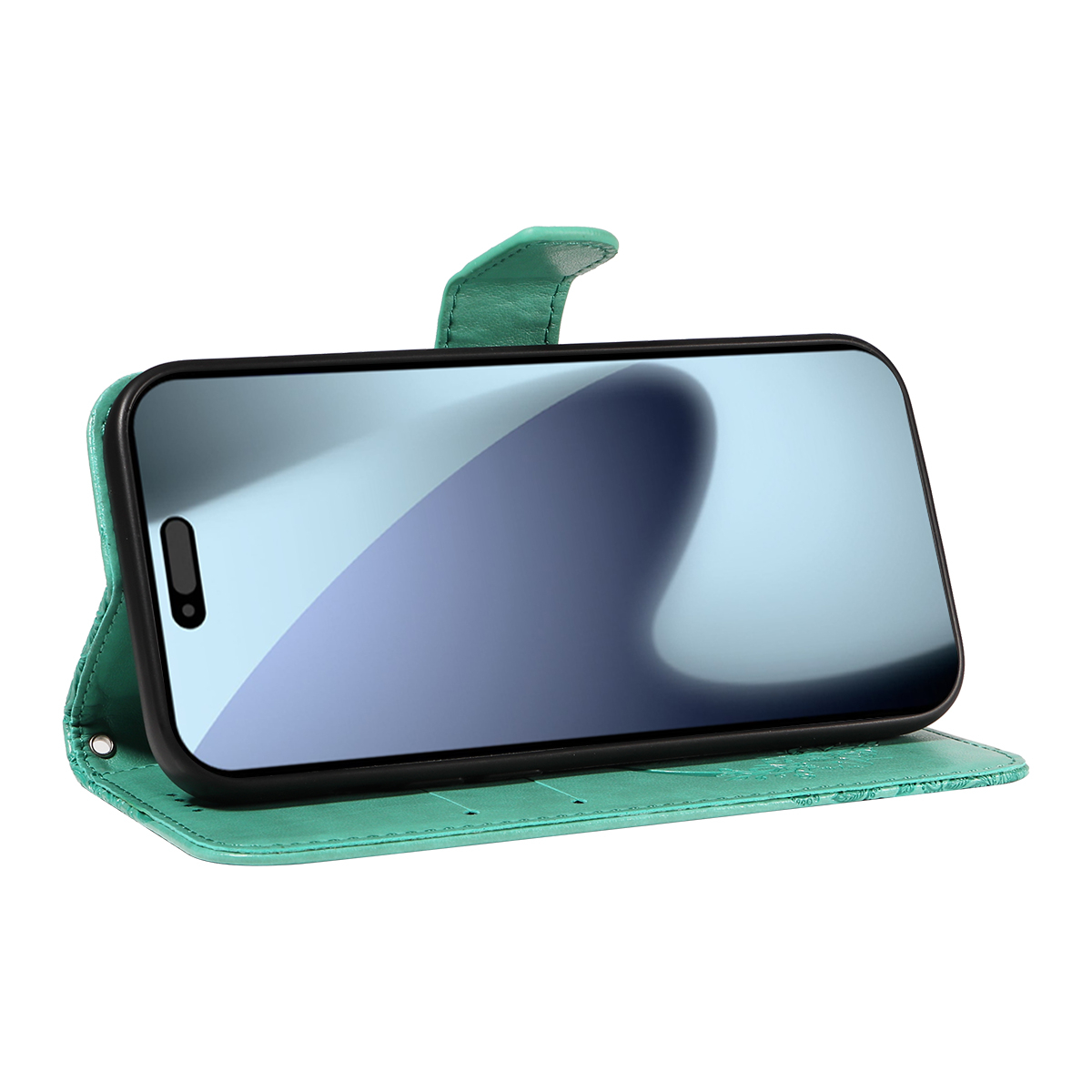 iPhone 17 Pro Leder Tasche Flip Cover Schmetterlinge Imprint - Türkis