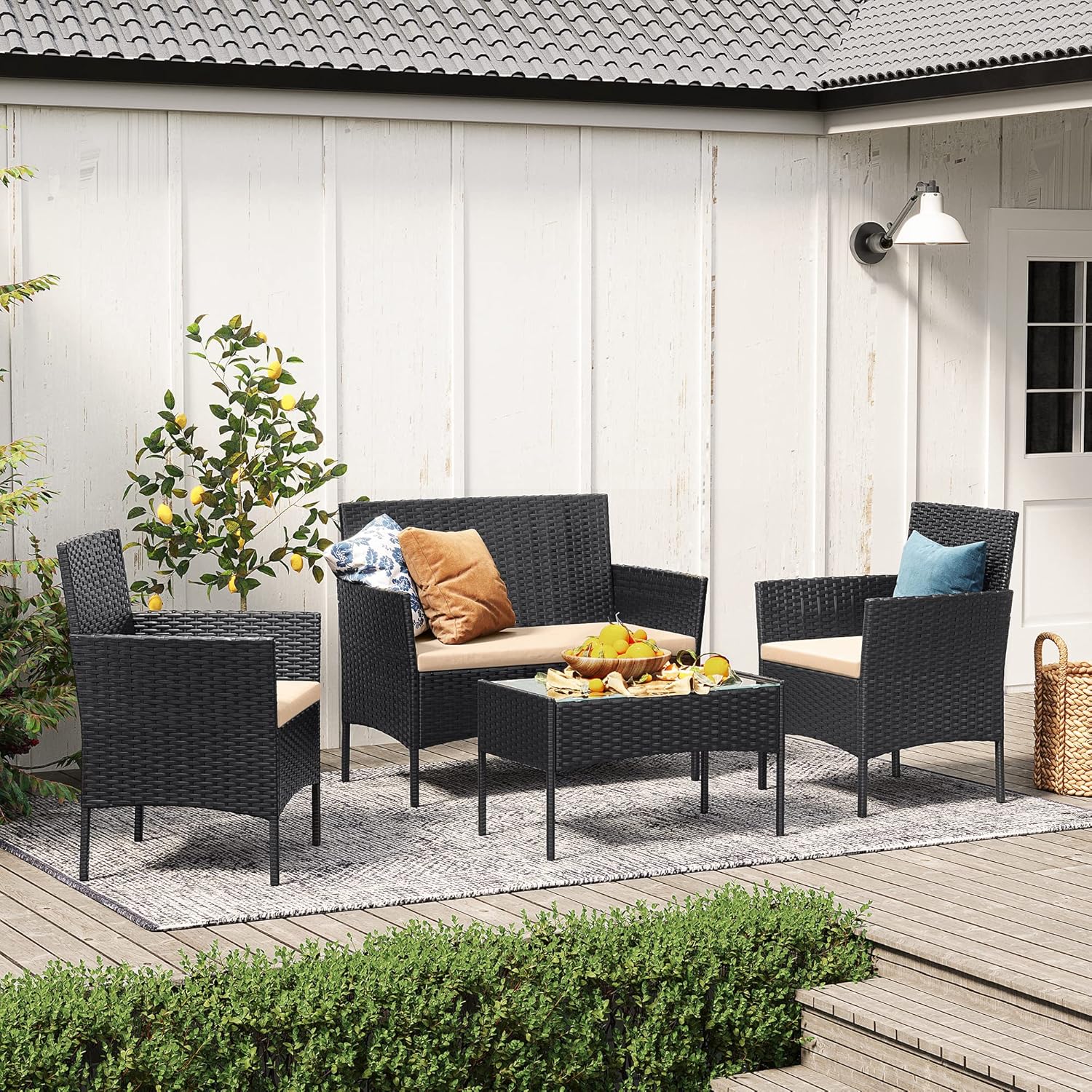SONGMICS Balkonmöbel, Gartenmöbel-Set, aus PE-Polyrattan, Lounge-Set, Terrassenmöbel, Outdoor, für Terrasse, Balkon, Garten, schwarz-Taupe GGF004B05