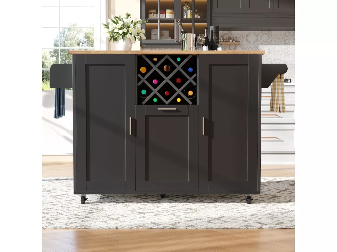 Ilot central de cuisine mobile avec 3 portes et 12 Porte-Bouteilles - Plateau extensible - 183x43(76)x92cm - Bois MDF - Noir et naturel