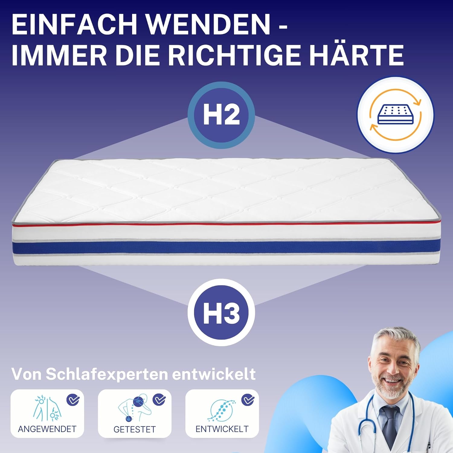 Arensberger RELAXX Matratze 90x200 cm | Kaltschaummatratze mit 3D Memory Schaum | ergonomische Höhe 25cm | wendbarer Härtegrad H2/H3 | Gel Schaum Bezug | 90x200cm Rollmatratze punktelastisch