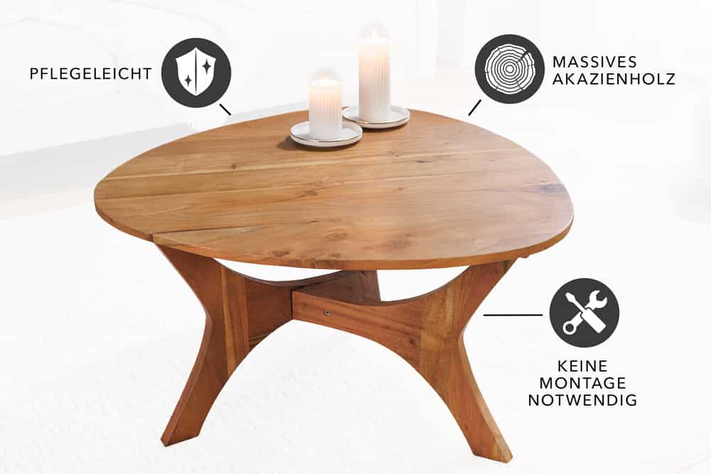 Massivholz Couchtisch ARCHITECTURE 70cm natur honey finish Akazie dreieckig
