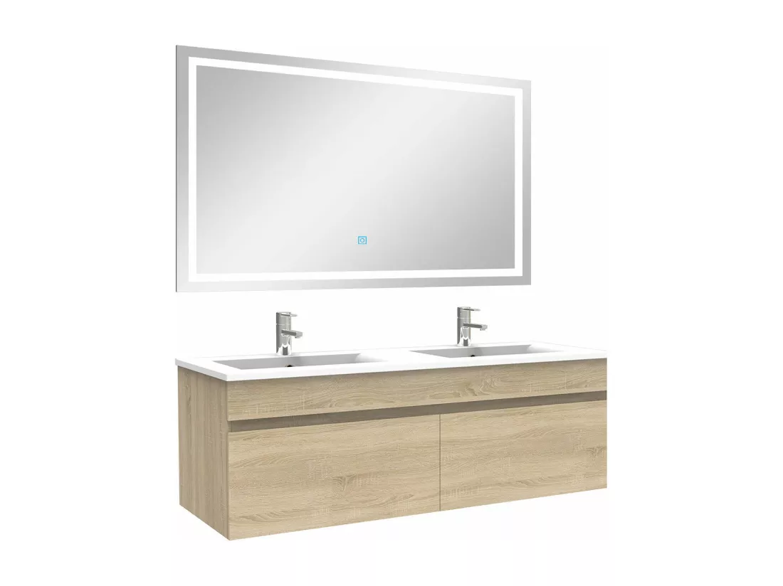 Ensemble meuble Salle de Bain 120cm Chêne Wotan double vasque + miroir lumineux 3 couleurs + dimmable