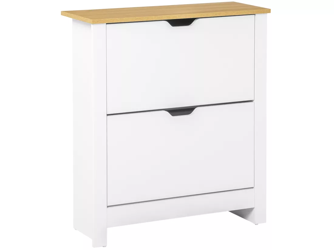 Armoire à chaussures 2 portes abattantes 2 compartiments panneaux particules blanc chêne