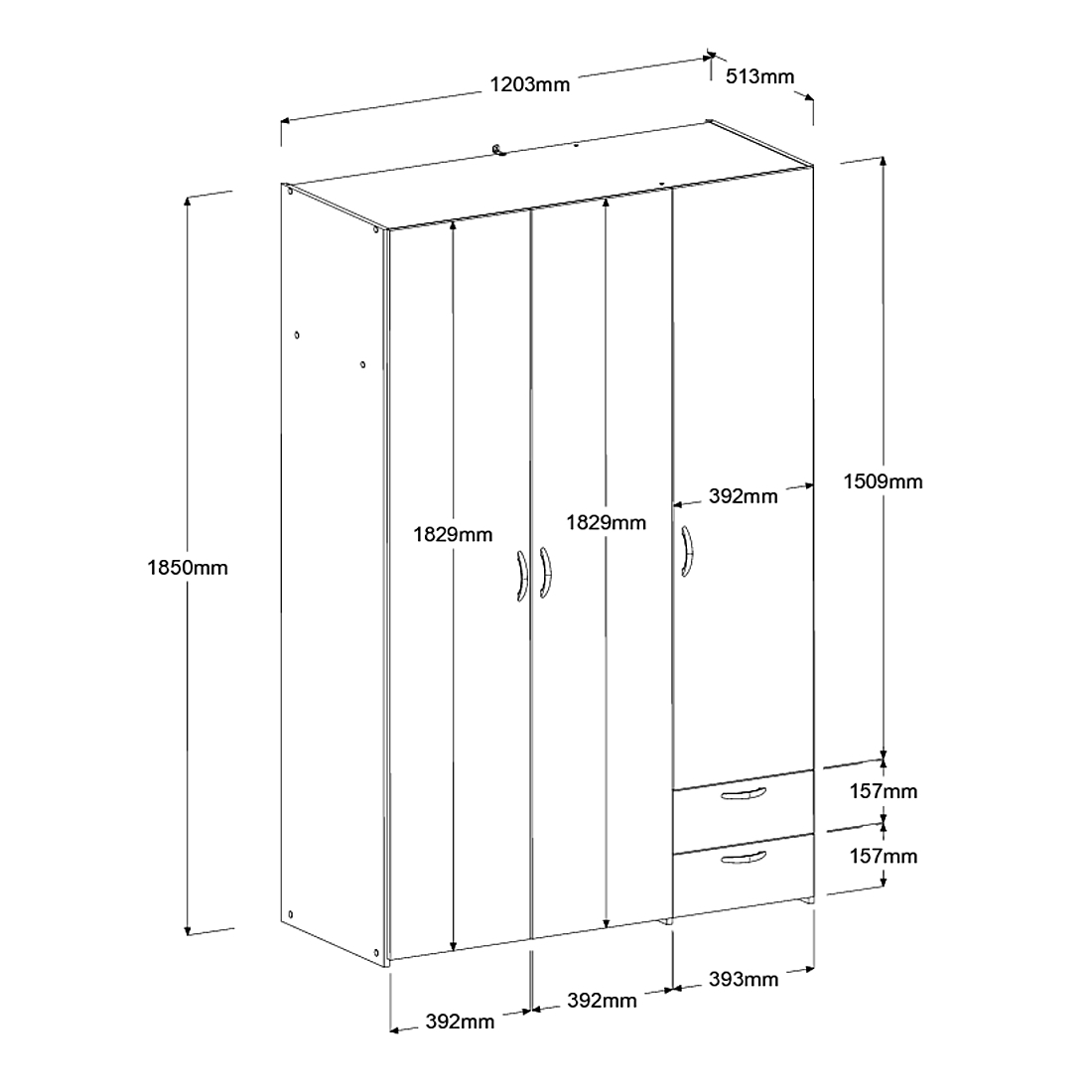 Kleiderschrank DAILY 2 - weiß - 3 Türen - 120 cm breit