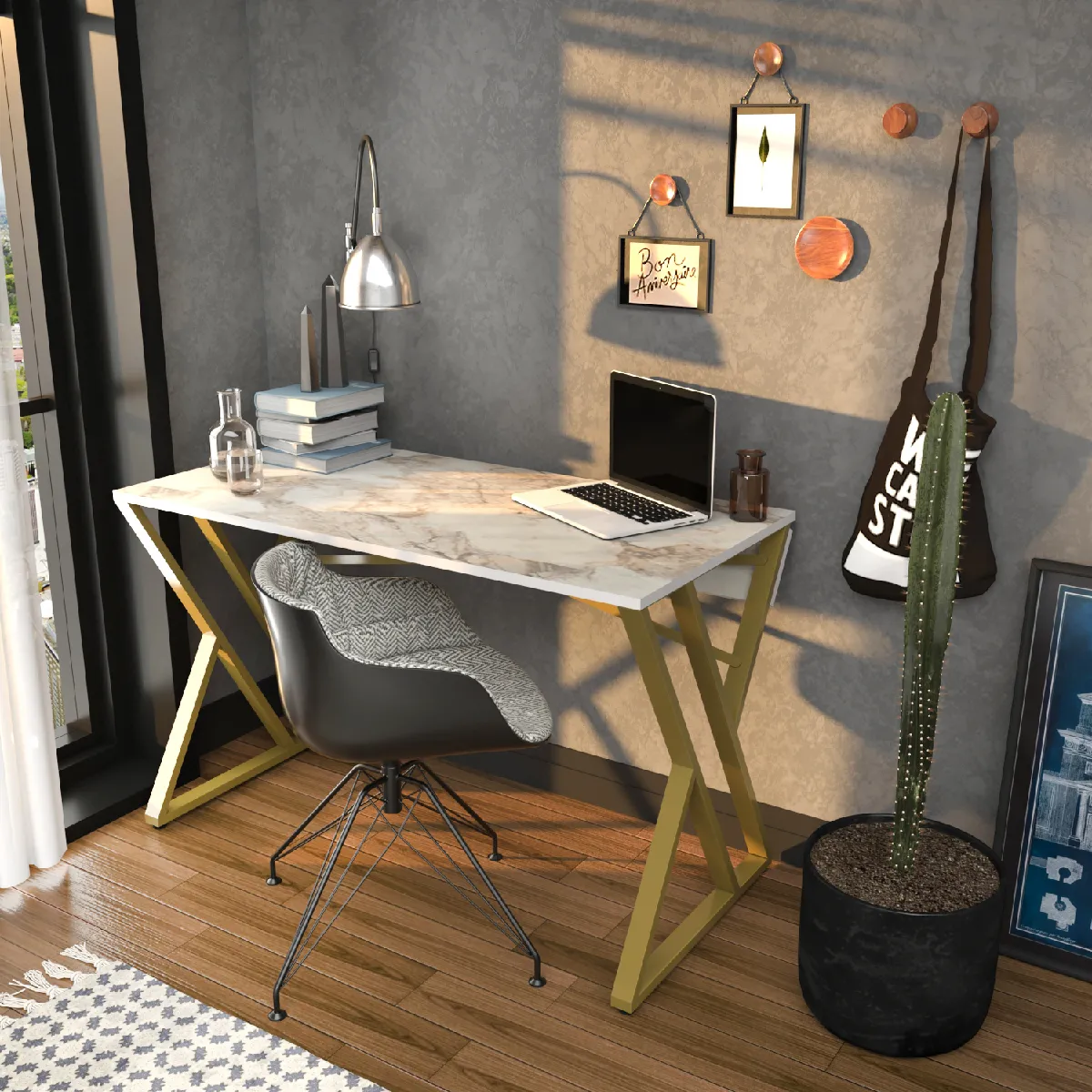 Decorotika Bureau, Table de bureau, travavil avec le pieds et cadre en métal (Doré et Effet marbre blanc)