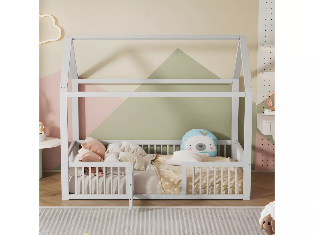 Lit cabane pour enfant - 90x200cm - en bois massif - Blanc