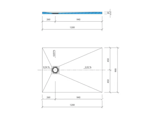 Receveur de douche à carreler 120 x 90 WEDI Fundo Primo rectangle écoulement excentré + bonde verticale + kit d'étanchéité