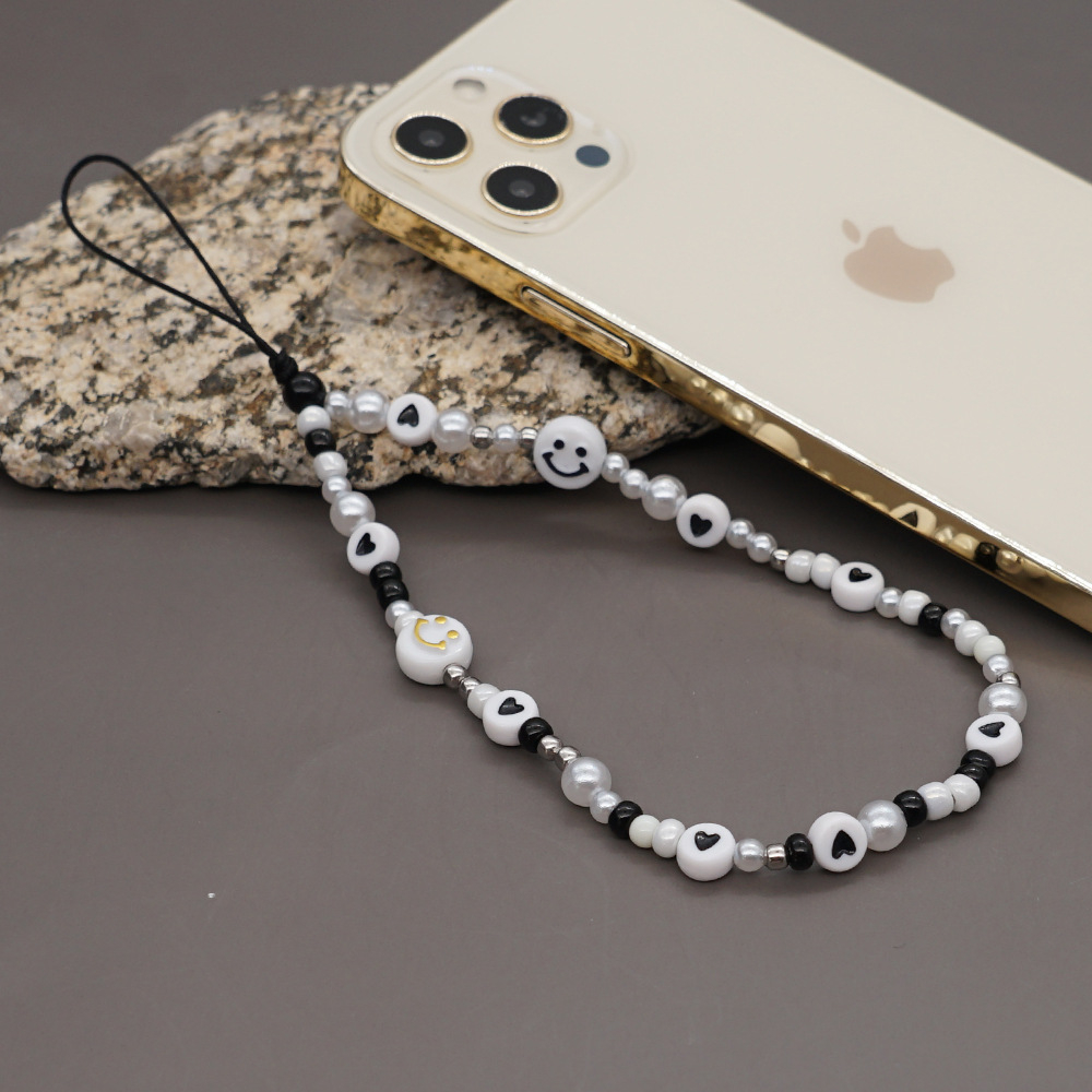 Universal Handy Kette Phone Charms Schmuck Anhänger Handgelenkschlaufe - Smiley Schwarz / Weiss
