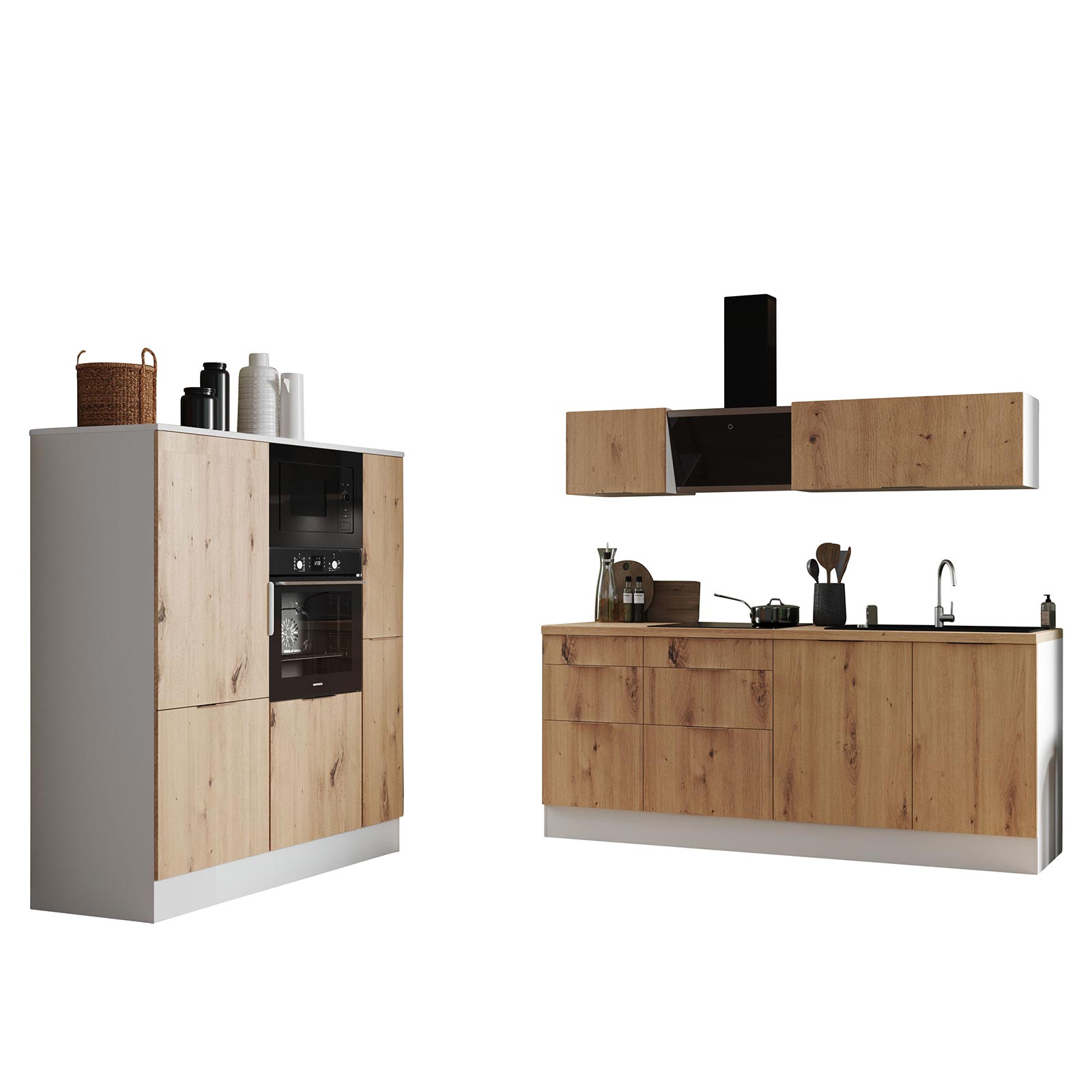 RESPEKTA Küchenblock - weiß matt - Artisan Eiche - mit E-Geräten - 370 cm
