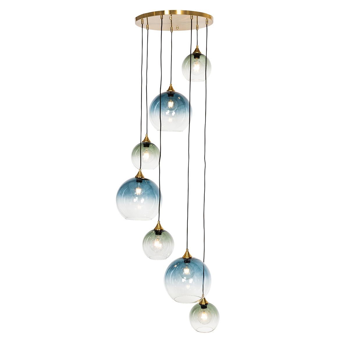 Art Deco Hanglamp messing met blauw glas rond 7-lichts - Sandra