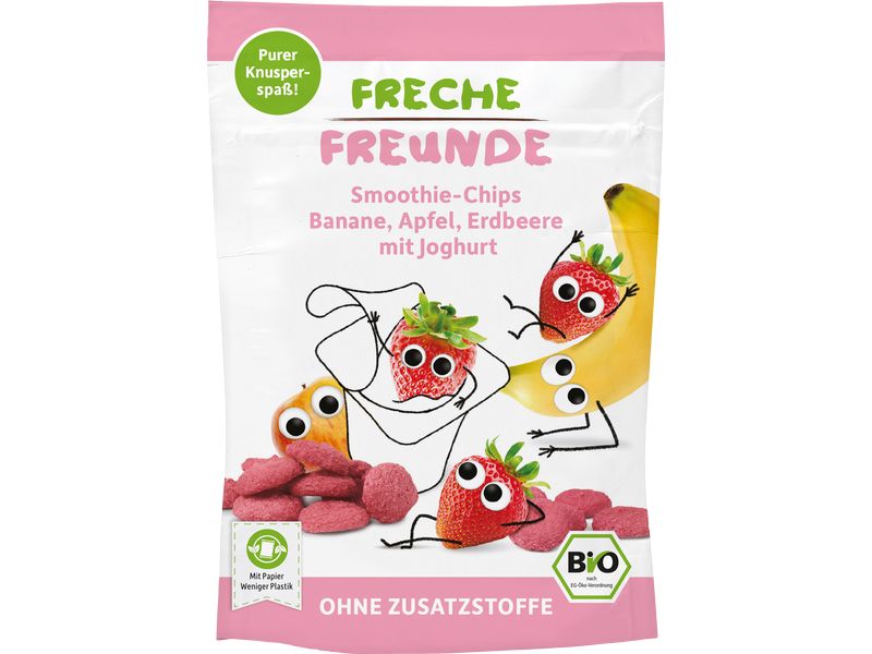 Freche Freunde Knabberspass Smoothie Chips Banane, Apfel, E Gefriergetrocknete Chips aus Bio-Mehrfruchtpüree und Joghurt