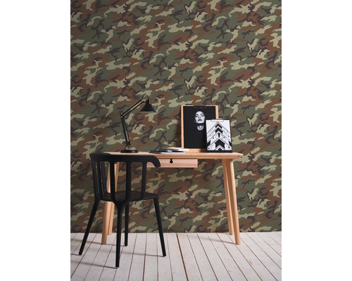 Vliesbehang 3694-06 Camouflage bruingroen