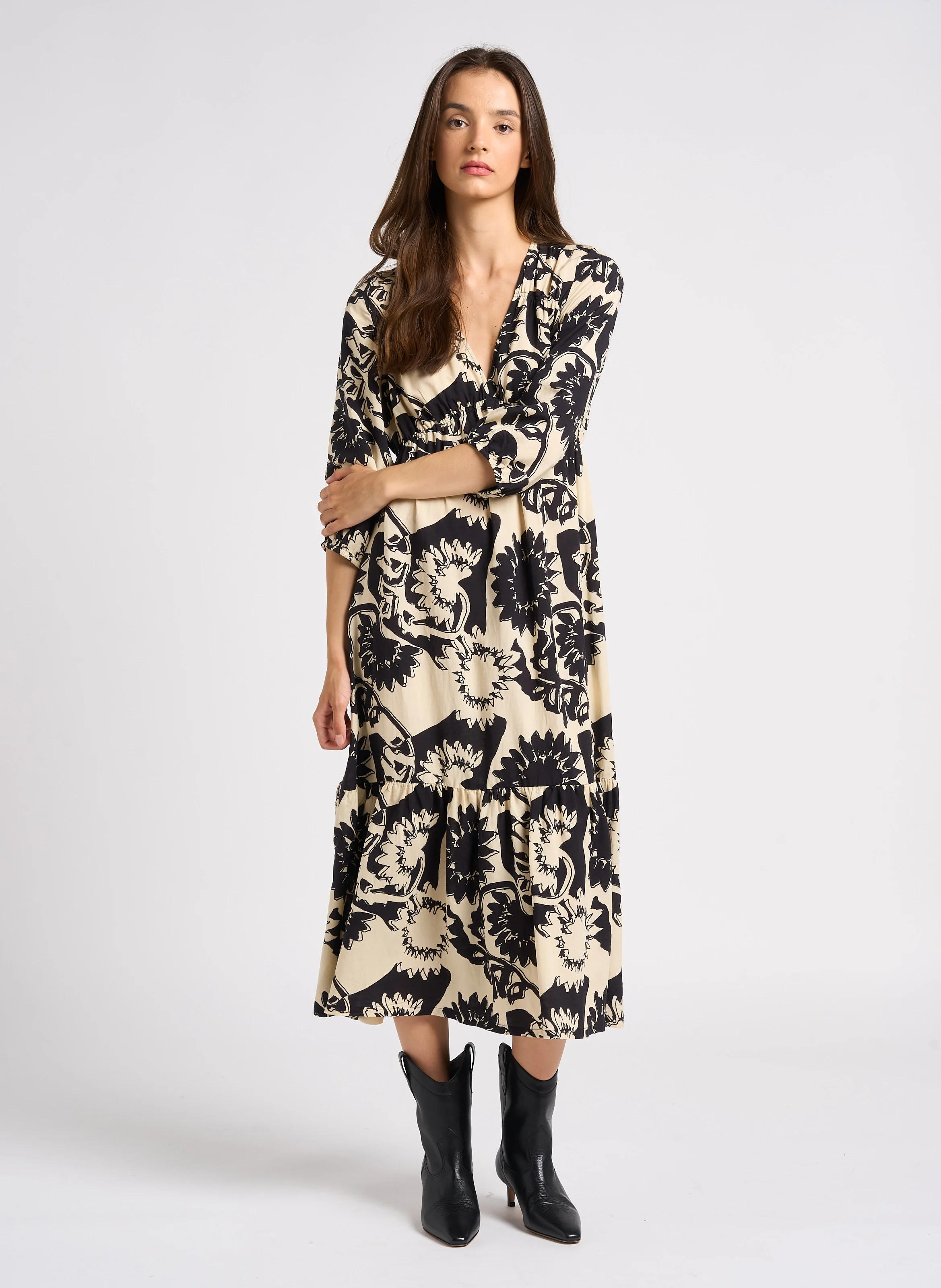 FERAE - Robe midi col V à imprimé floral | Noir
