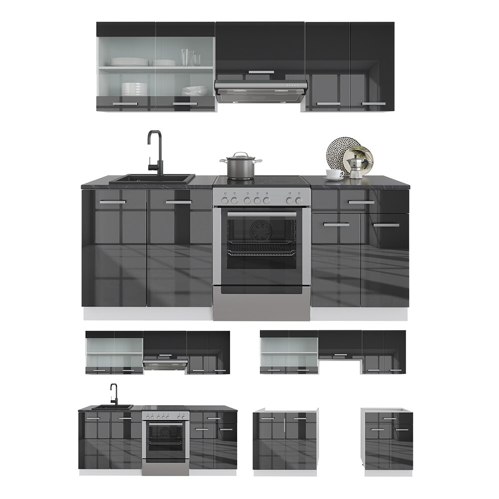 Vicco KÜCHE R-LINE 200CM KÜCHENZEILE KÜCHENBLOCK EINBAU Anthrazit Hochglanz