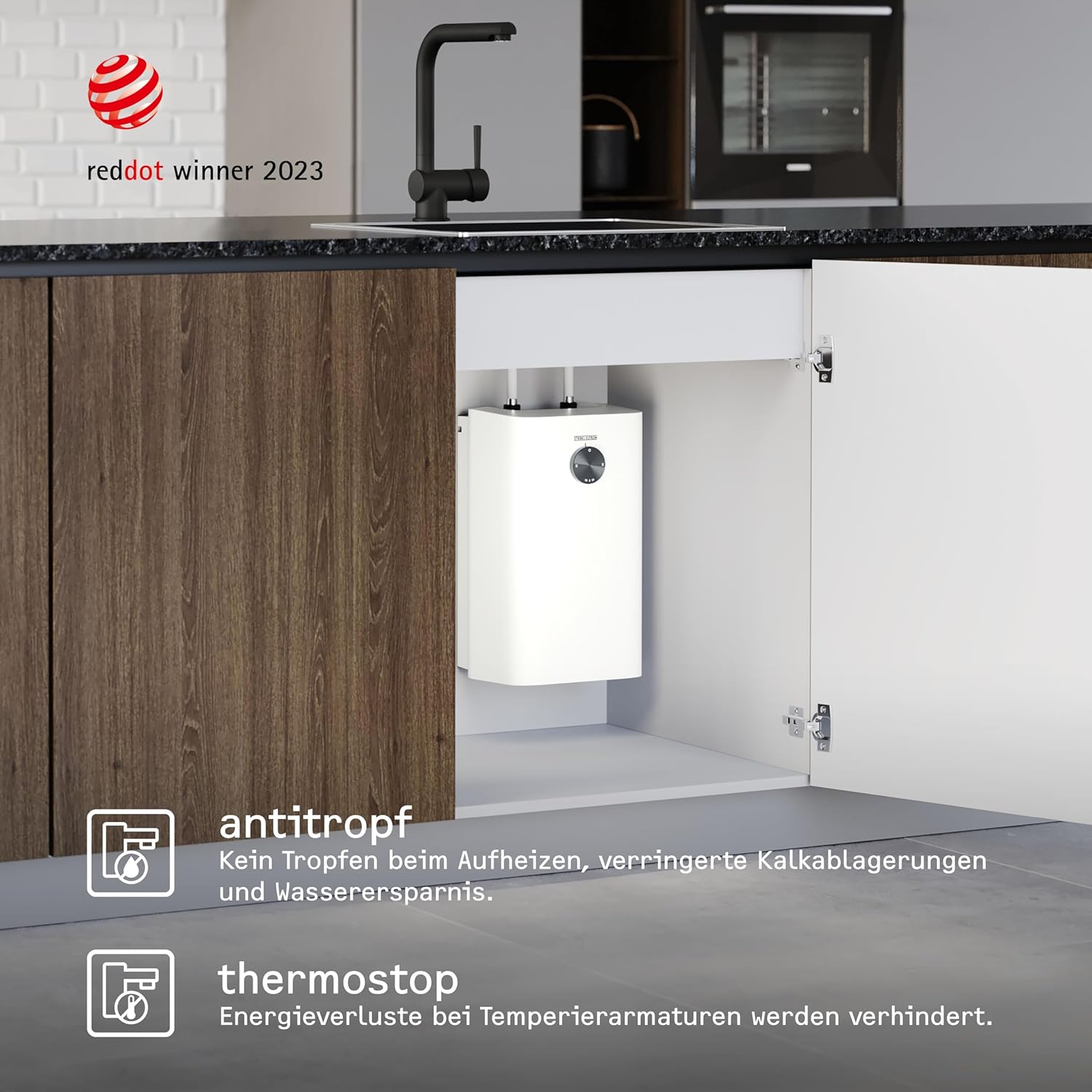 STIEBEL ELTRON Kleinspeicher SNU 5 Plus mit Wasserhahn matt-schwarz MAE-B (Armatur Küche), sehr kompakt, antitropf-/thermostop-Funktion, Untertischboiler 5 Liter Niederdruck mit Stecker, 2 kW, 208119