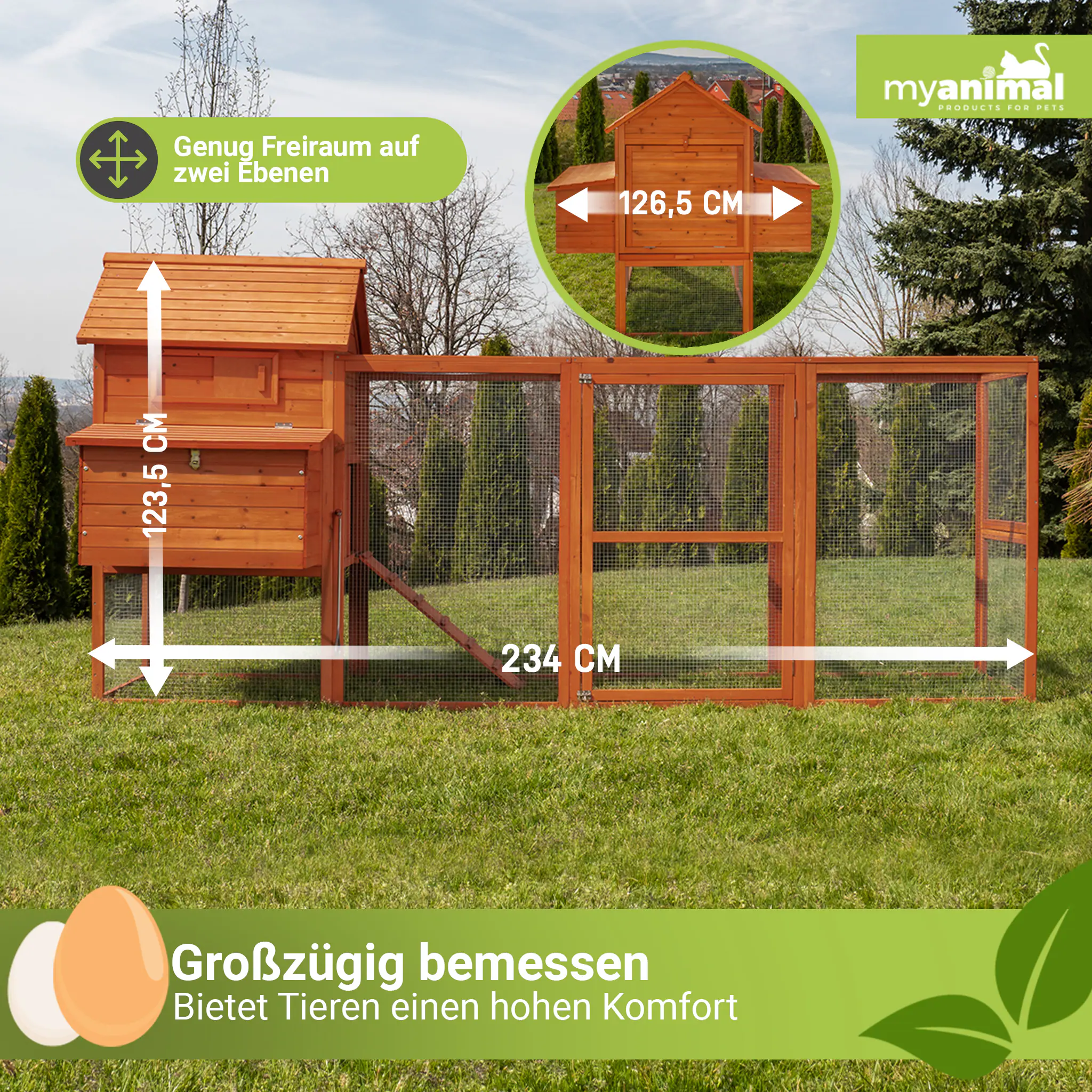 MyAnimal Hühnerstall XXL für 8 Hühner MH-22, Hühnerhaus mit zwei Nistkästen, Auslauf, zwei Ebenen (Braun 2.0)