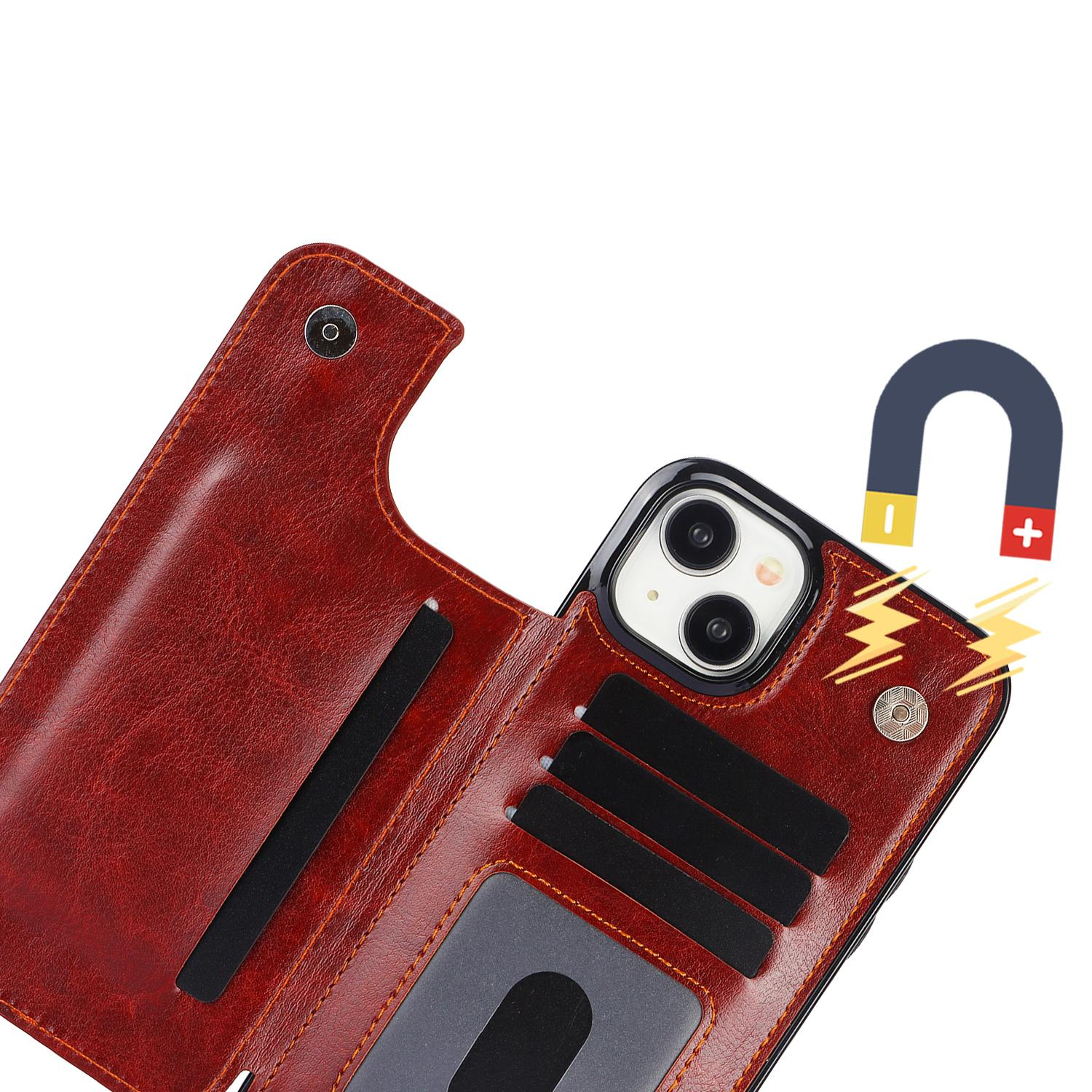 iPhone 15 Hybrid Leder Hülle mit Kartenfach   Kickstand Aufsteller - Braun