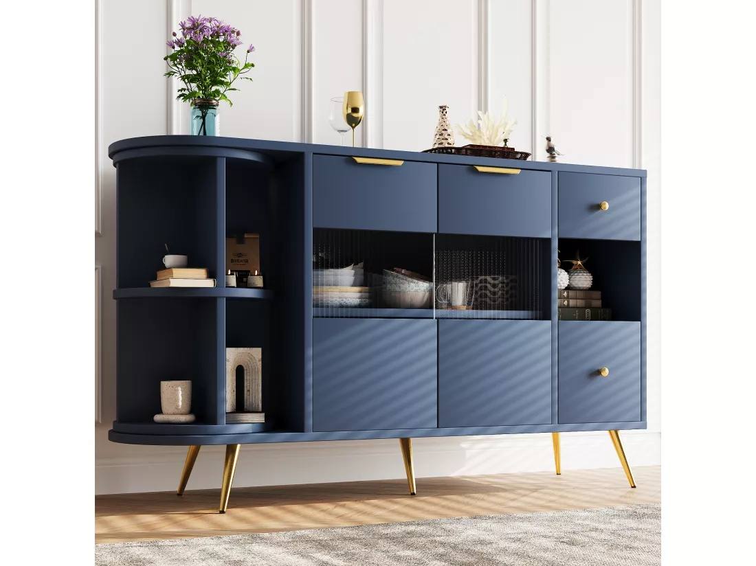 Buffet armoires de rangement bleu marin avec 2 portes battantes en verre éclairage LED poignets et pieds dorés LED RIPHRENS BLUE