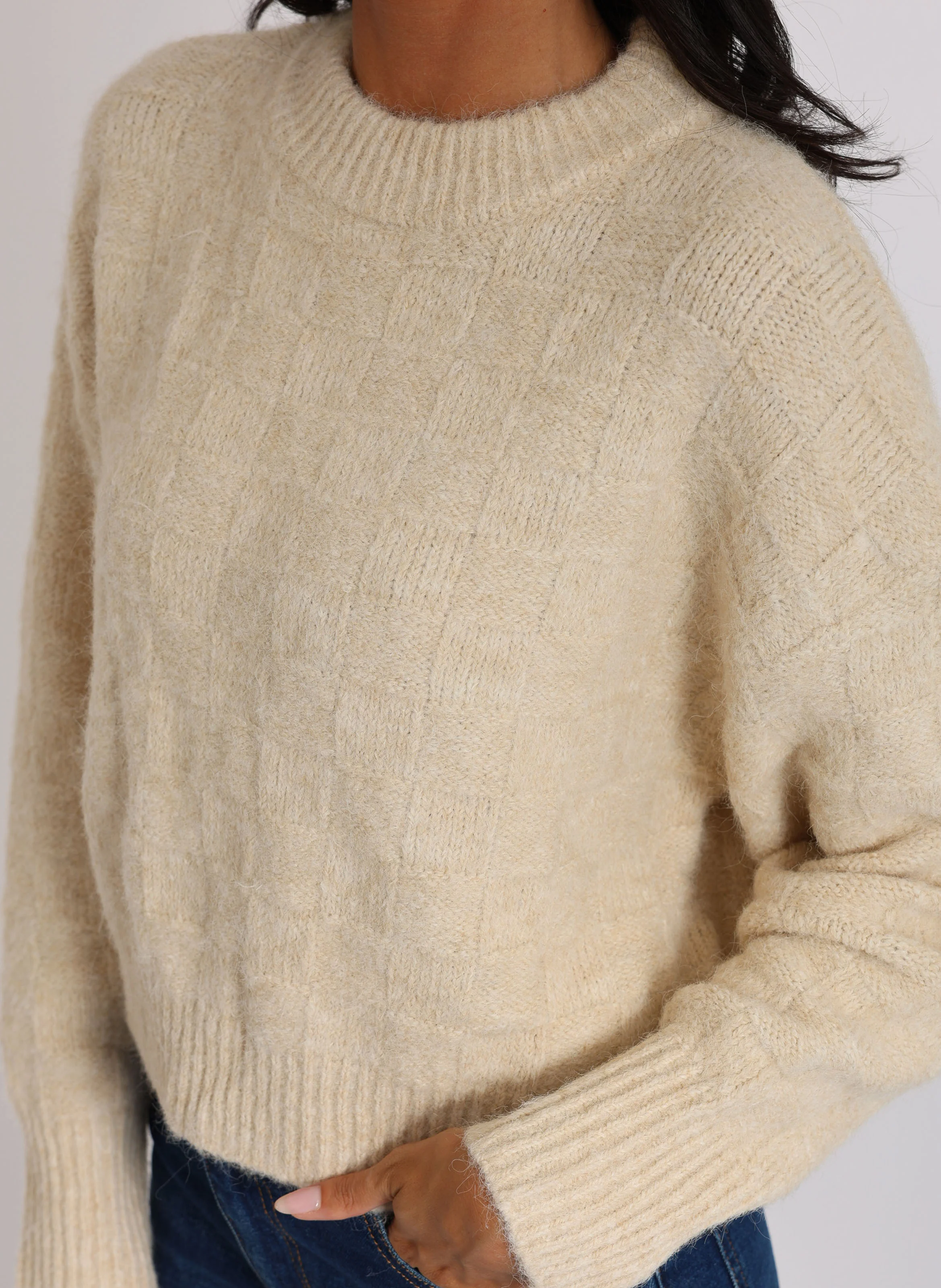 KYRA - Pull ample col rond en maille mélangée | Beige