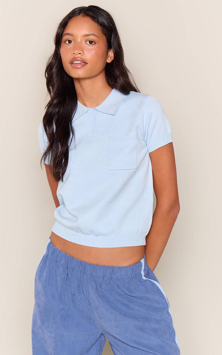 Bleu Haut Polo Tricoté Court Avec Poche Détail