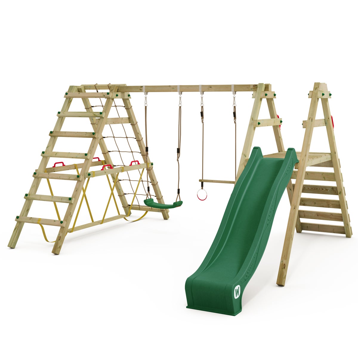 WICKEY Kinderschommelset Smart Shake met glijbaan en klimrek, schommel, schommelframe, dubbele schommel, houten schommel - Groen