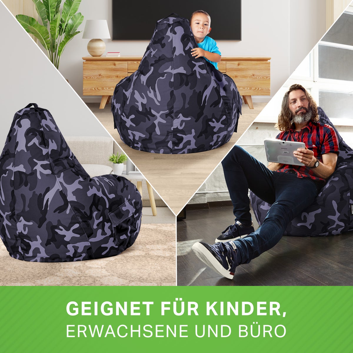 Green Bean Zitzak met rugleuning 80x70x90cm - Gaming stoel met 230L vulling, comfortabel, zacht, wasbaar - Zitzak vloerkussen, loungestoel, voetenbank, relaxstoel, gamer gaming stoel, camouflage